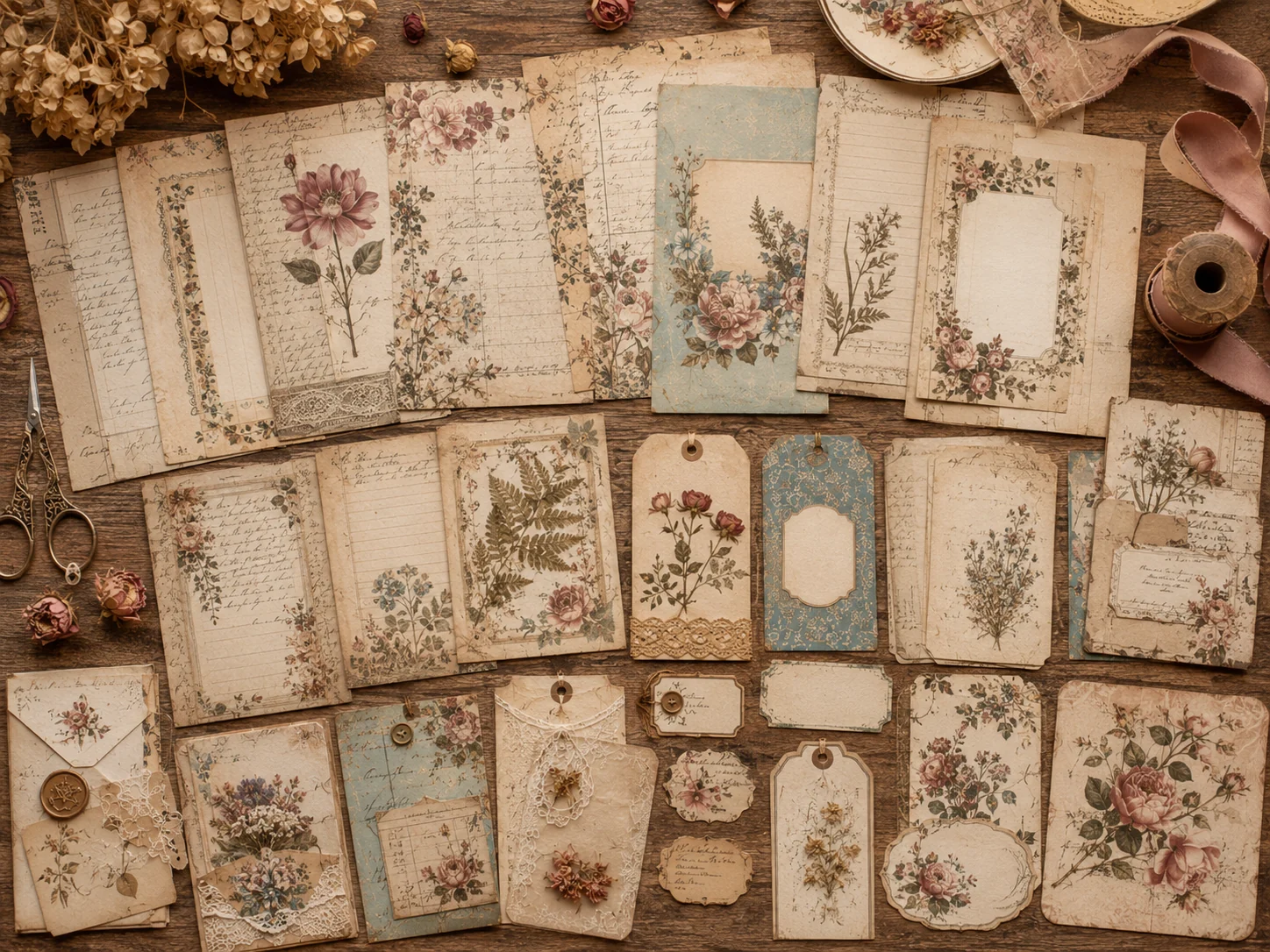 Organized layout of printable floral journal papers, tags, labels, stationery cards, and digital paper pack previews.