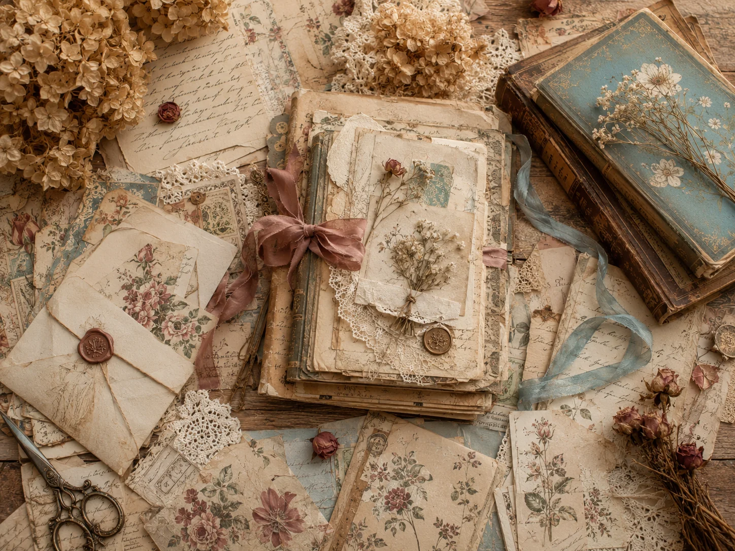 Romantic vintage stationery, floral papers, envelopes, and ribbon for wedding album inspiration.