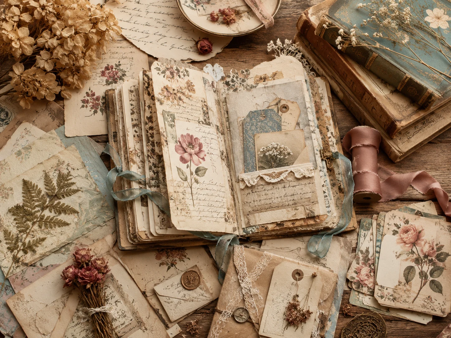 Travel and memory journal flat lay with vintage books, ephemera, tags, and handmade paper textures.