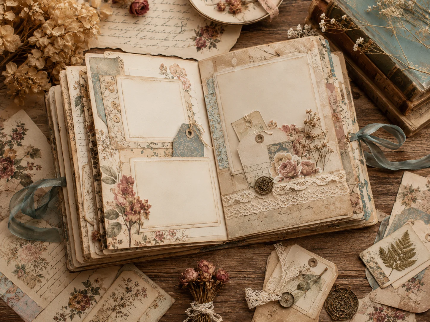 Open handmade photo album spread with blank photo frames, floral paper layers, pockets, tags, and lace details.